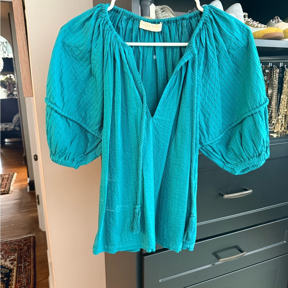 Ulla Johnson Teal Puff-Sleeve V-Neck Blouse